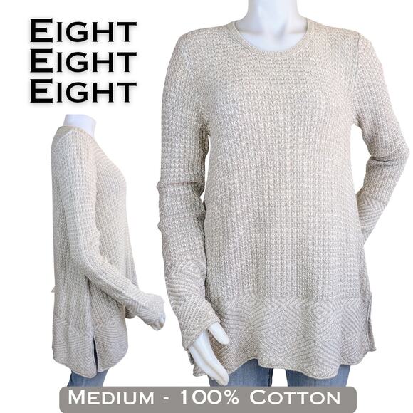Eight Eight Eight Tunic Sweater Medium Beige Cotton Marled Mixed Knit Clean Girl - Picture 1 of 11